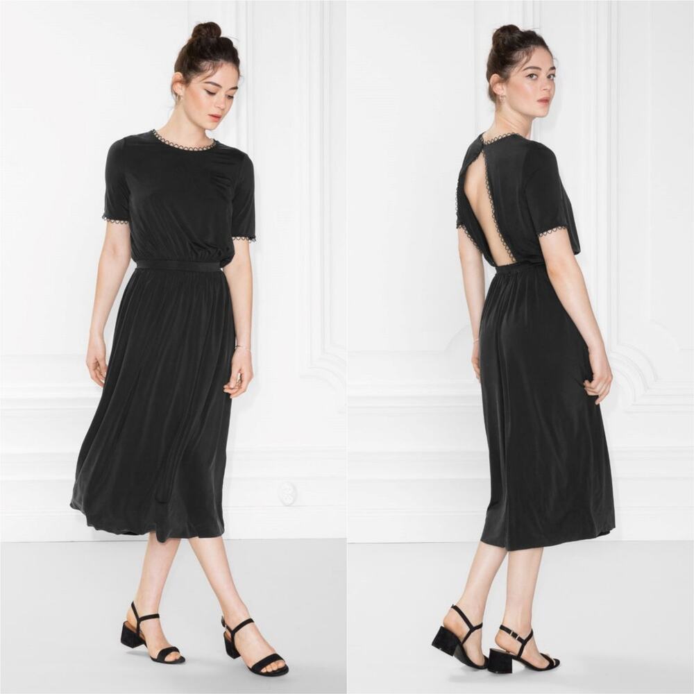 & Other Stories Open Back Lace trim midi dress black stretch Sz 2
